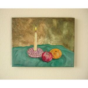 Candle & Fruit Still‎ Life - Original Oil Painting on Canvas